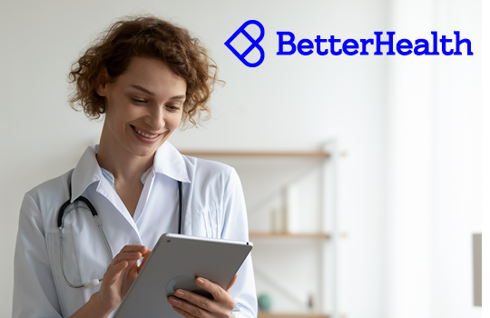 A woman holding a tablet. There is a Betterhealth logo featured.