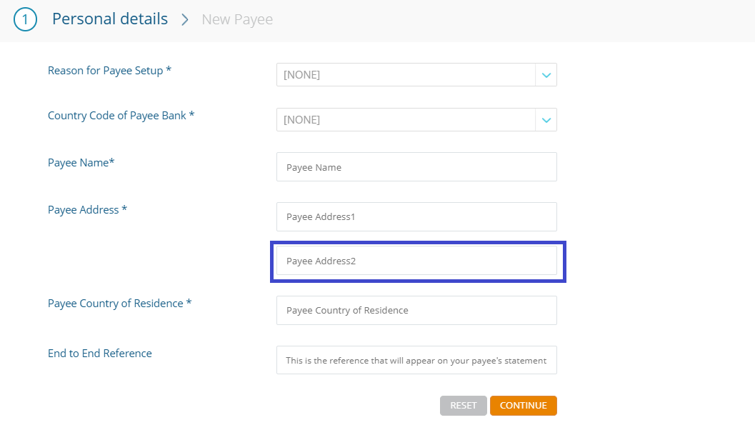 A screenshot of the Personal Details, new payee screen. A blue rectangle surrounds the Payee Address 2 field.