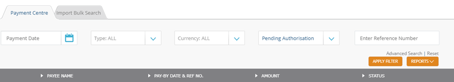 A screenshot of the Payment Centre tab